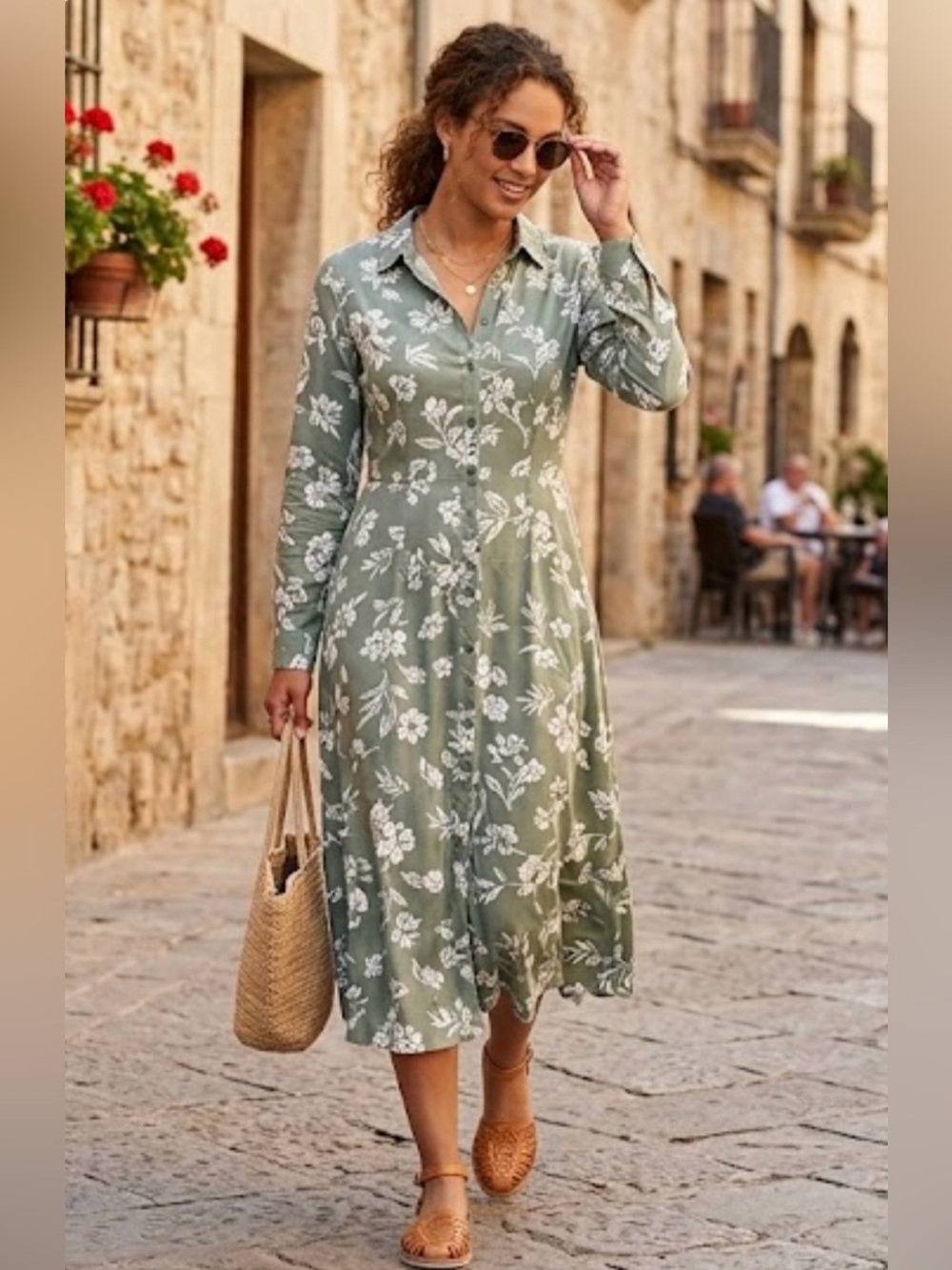 Green Floral Button-Front Midi Dress
